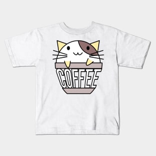 Happy cat in coffee cup with warped text yellow and brown Kids T-Shirt